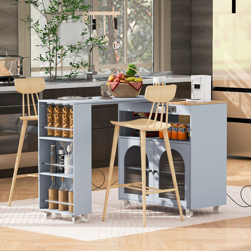 Rolling Kitchen Island With Extended Table, Kitchen island on Wheels with LED Lights,Power Outlets and 2 Fluted Glass Doors, Kitchen Island with a Storage Compartment and Side 3 Open Shelves