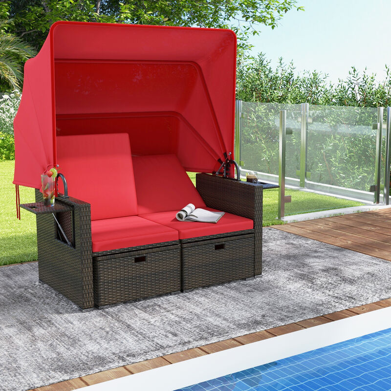 Outdoor Patio Rattan Daybed with Retractable Canopy and Adjustable Backrests