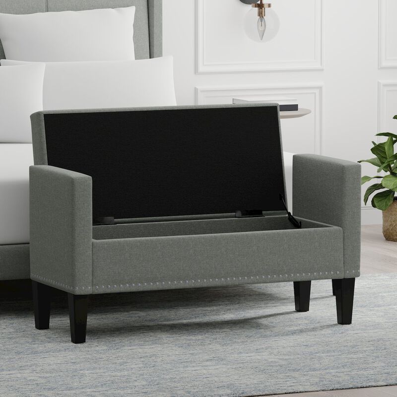 Rize Home 46 Storage Bench with Arms + Nailhead Trim - Stone (Light Gray) image number 5