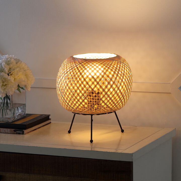 Palma 10.75" Bohemian Rustic Iron/Rattan LED Mini Table Lamp with Smart Bulb, Black/Brown
