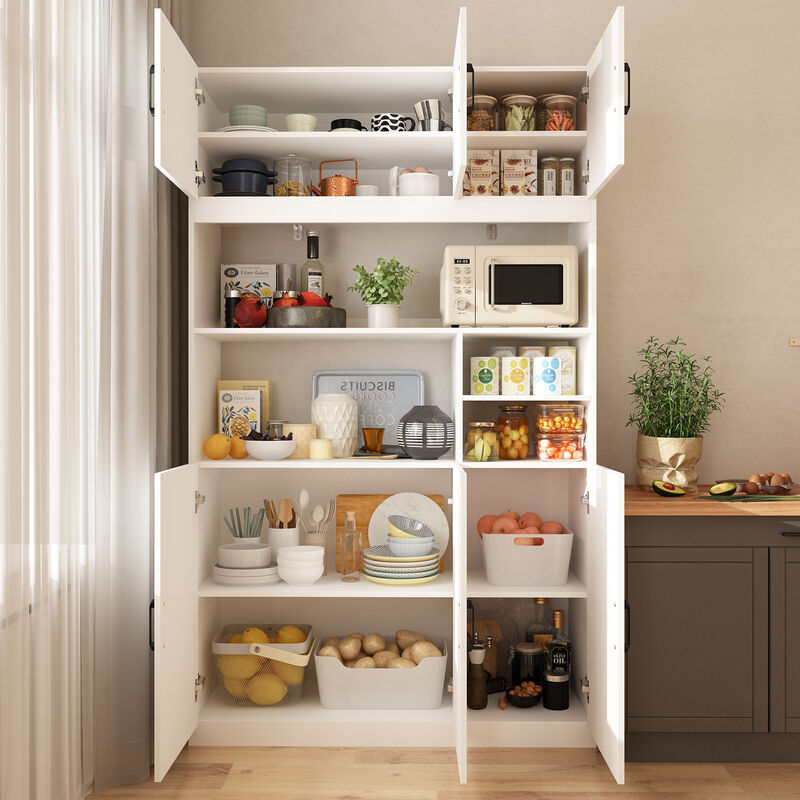 White Wooden Sideboard, Food Pantry, Wine Cabinet, Storage Cabinet with 4 Cabinet and 4 Open Shelves