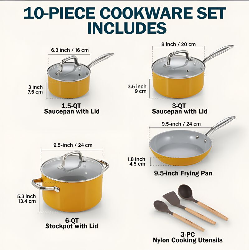 Cook N Home Classic 10-Piece Nonstick Cookware Set, Induction Pots and Pans with Glass Lids & Comfort Handles, Yellow image number 1