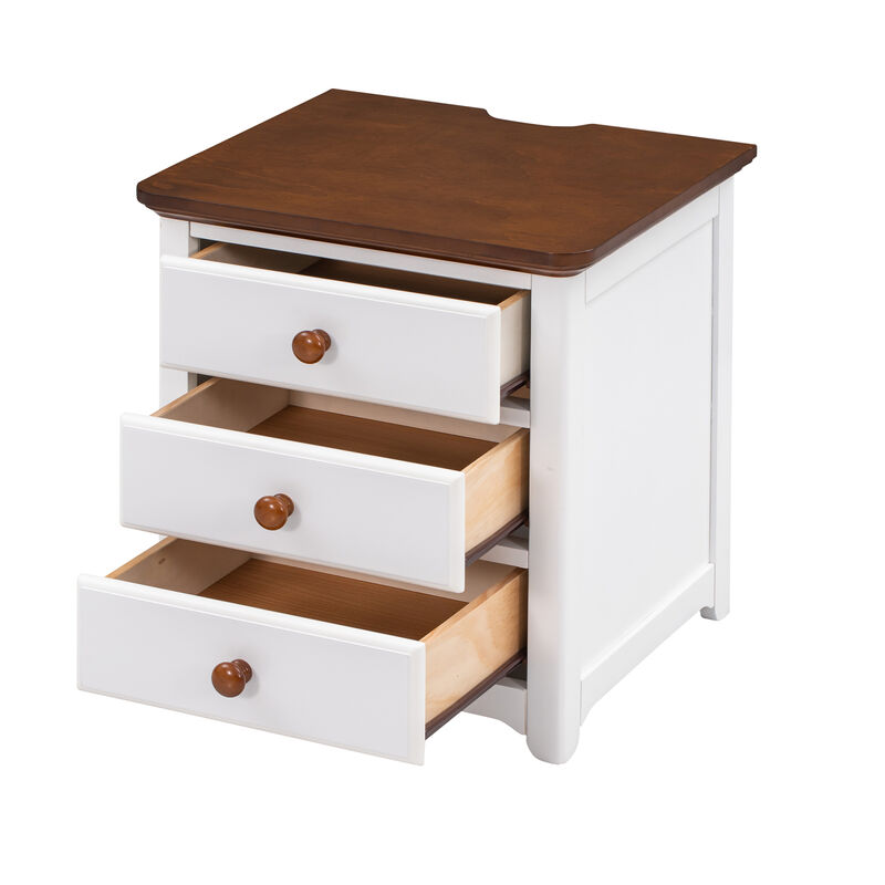 Wooden Nightstand with USB Charging Ports and Three Drawers, End Table for Bedroom, White