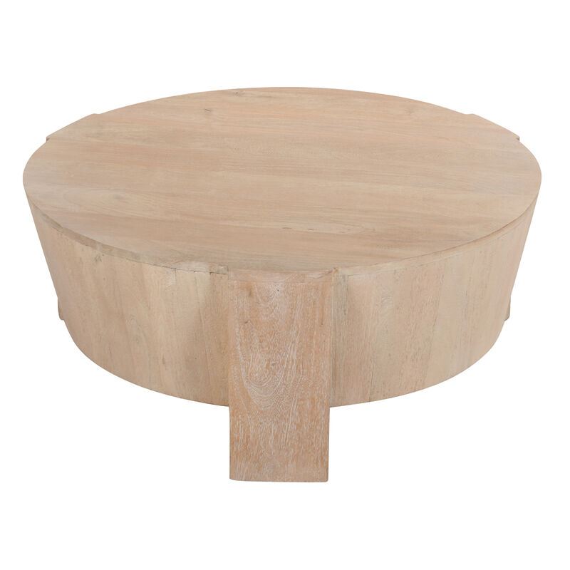 Joana Coffee Table, 35 Inch Round Drum Shape with 3 Legs, Sandblasted Natural Brown Mango Wood