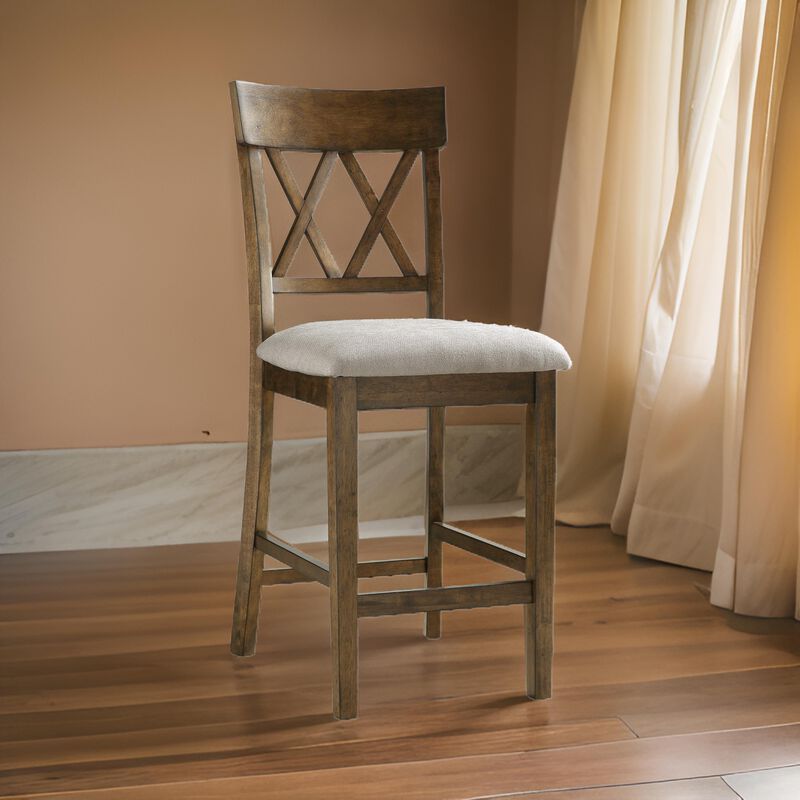 Carl 26 Inch Counter Height Chair, Polyester Seat, X Back, Brown, Set of 2 image number 1