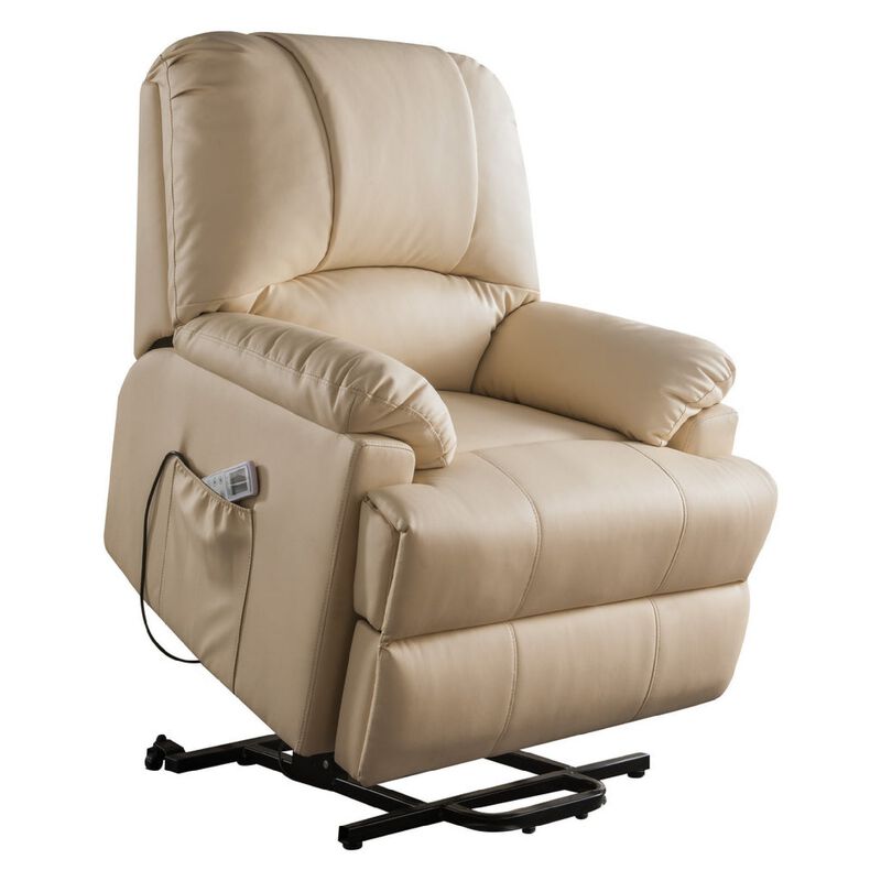 Contemporary Polyurethane Upholstered Metal Recliner with Power Lift, Beige-Benzara image number 4