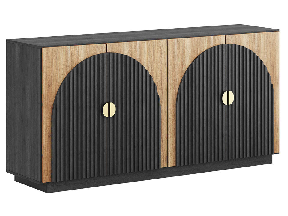 BELLEZE 65 Inch Fluted Buffet Cabinet with Storage, Symmetrical Arc Accent Sideboard Large Console Table for Dining Room, Kitchen, and Living Room (Camel)