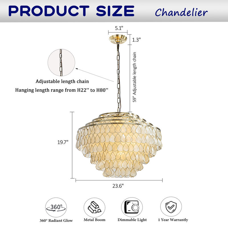 7-Light 24'' Mid-Century Modern Coastal Aged Bronze 4-Tier Natural Capiz Shell Chandelier Vintage Glam Pendant Light For Dining Room Living Room or Foyer image number 7