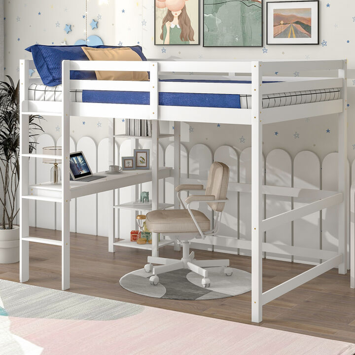 Full Loft Bed with Desk and Shelves, White