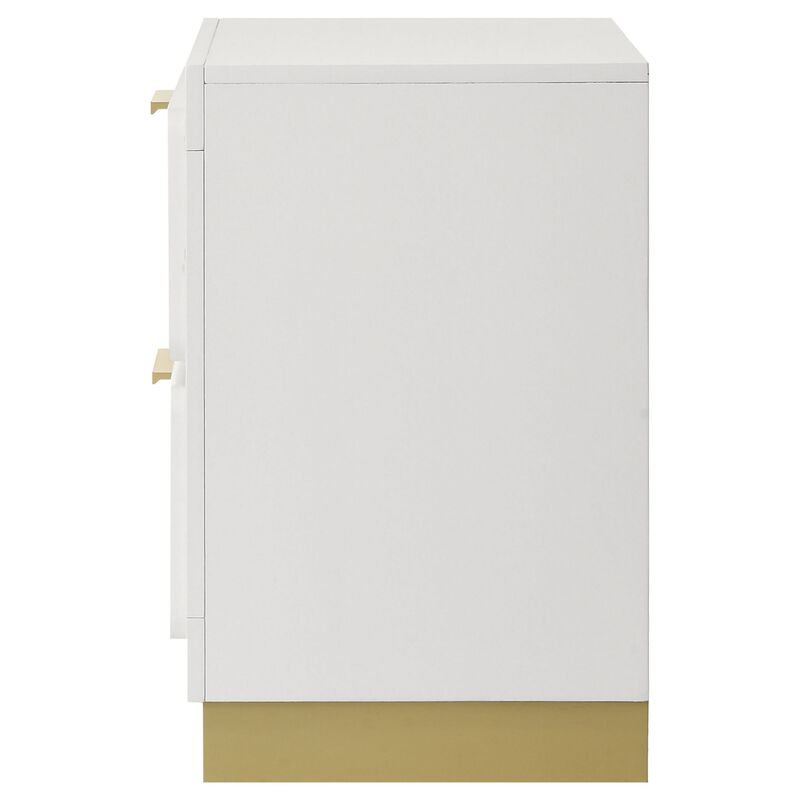 Caer Nightstand, 2 Drawers, Gold Accent Recessed Base, Bar Handles, White - Benzara