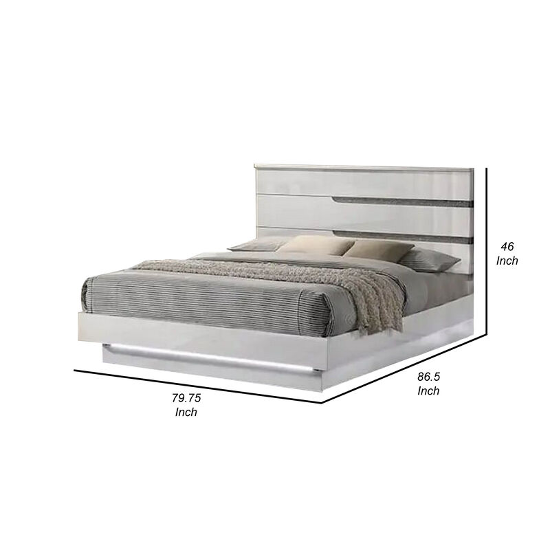 Peis King Size Bed, LED, Crystal Accents, Modern Design, Glossy White - Benzara