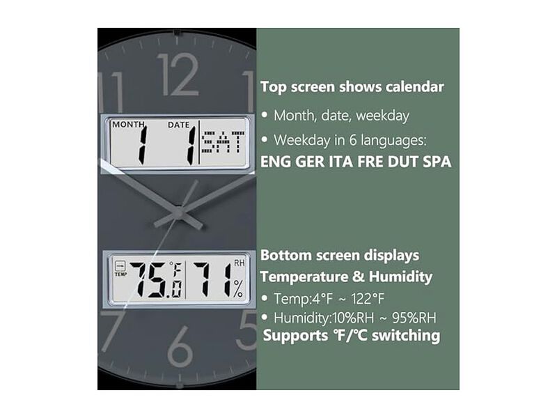 Calendar Temperature Humidity Grey Wall Clock Silent Gray Home Decor image number 3
