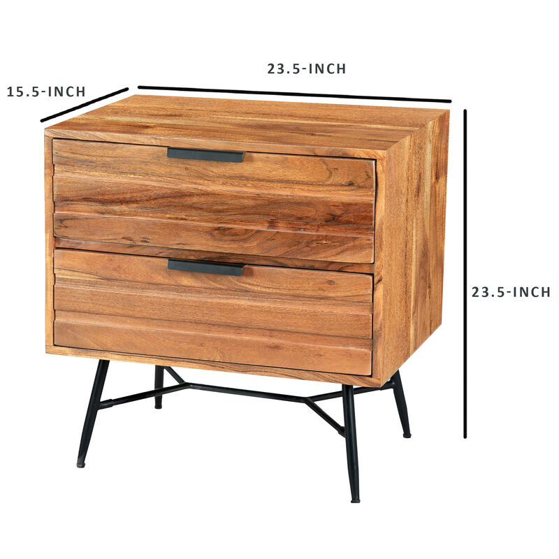 2 Drawer Wooden Nightstand with Metal Angled Legs, Black and Brown-Benzara