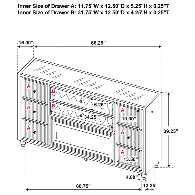 Maren Wide Dresser, 8 Drawers, LED Flame box, Velvet image number 7