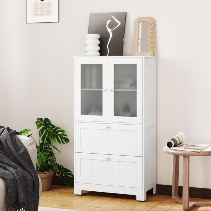 Hivvago Bathroom Floor Storage Cabinet Freestanding Cupboard Pantry with 2 Drawers and 2 Frosted Glass Doors