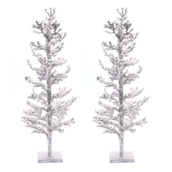 Set of 2 Icy Jeweled Twig Trees – Sparkling Holiday Tabletop Decorations with Faux Crystals for Mantel or Shelf Decor
