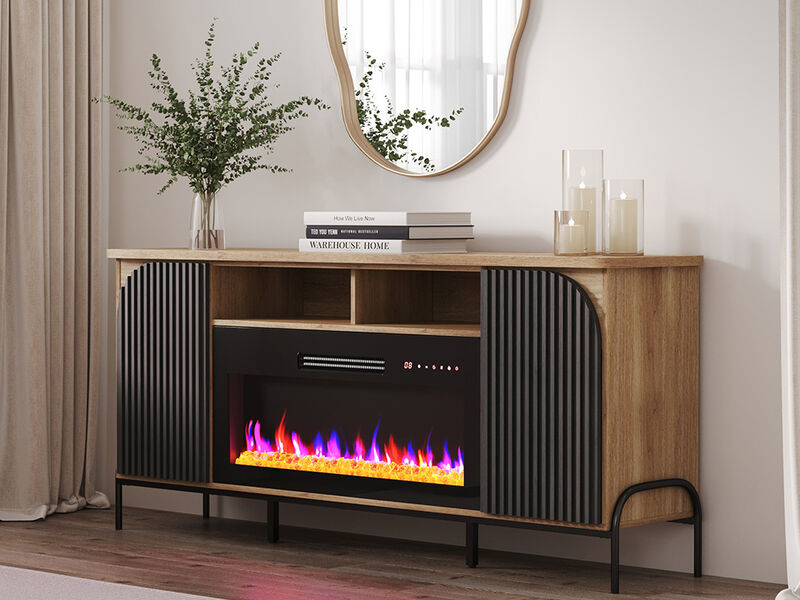 BELLEZE 68 Inch Fluted TV Stands with 36" Electric Fireplace, Modern Fluted Entertainment Center with Open Storage Shelves& Cabinets, Media Console TV Cabinet For Living Room Bedroom (Camel)