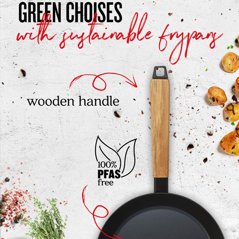 Alva Forest Carbon Steel Pan Pre-Seasoned with Natural Mineral Oil, Acacia Wood Stay Cool Handle Nonstick Frying Pan for Searing Steak, Non Toxic, Compatible with All Stovetops and Induction Safe