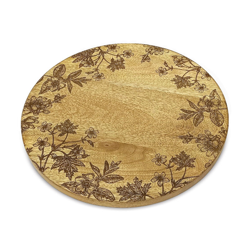 HomeRoots Set of Two 12" Brown Solid Wood Floral Round Serving Trays image number 0