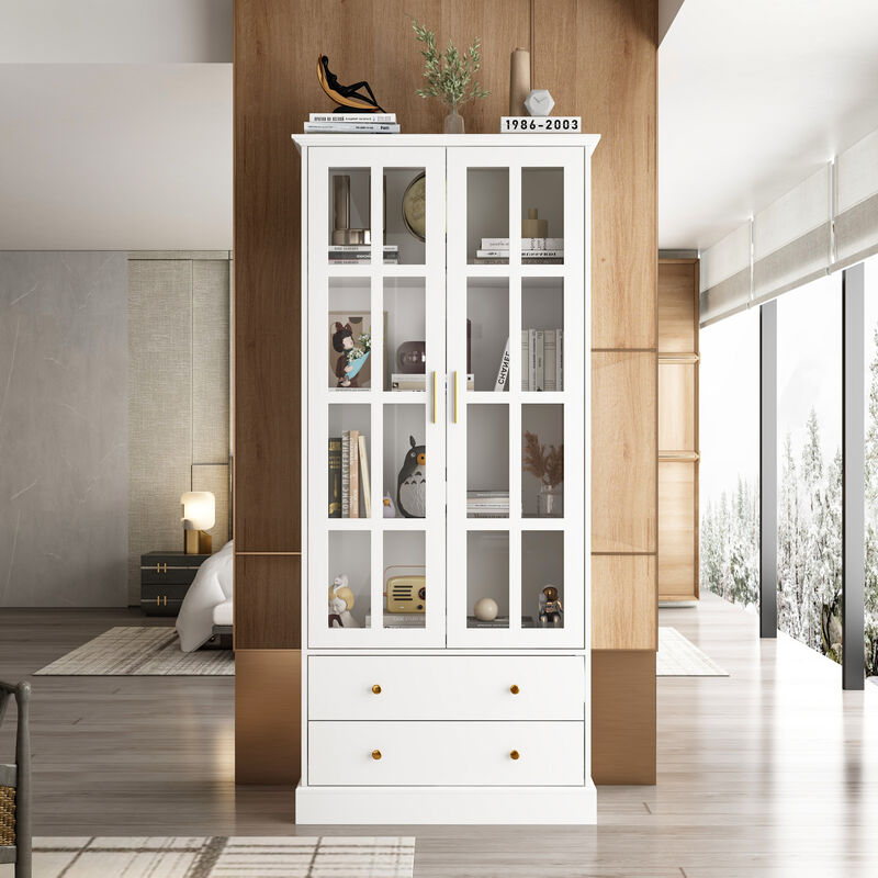 FUFU&GAGA Modern Bookcase with Glass Doors, 3 Fixed Shelves, and Spacious Drawers, Elegant Storage Cabinet for Living Room, Office, and Bedroom (70.1"H x 31.5"W x 15.4"D)