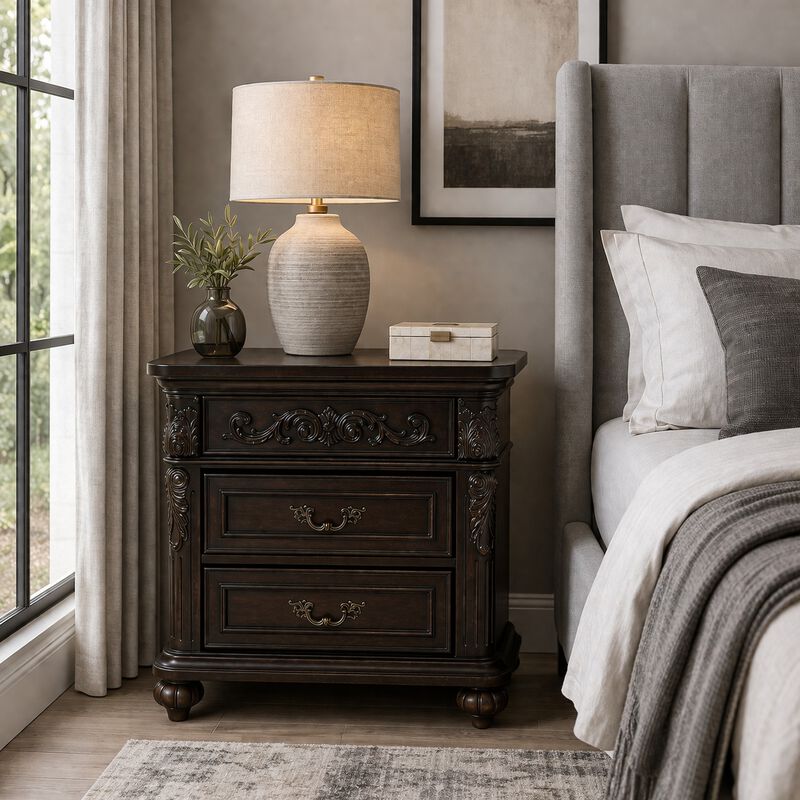 28" Assembled 3-Drawer Nightstand Solid Wood Frame Carved image number 3