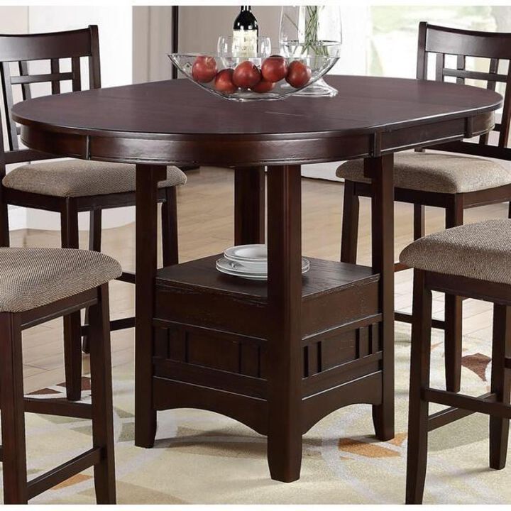 Dining Table Round Counter height Dining Table w Shelf 1pc Table Only Solid wood Dark Rosy Brown FInish