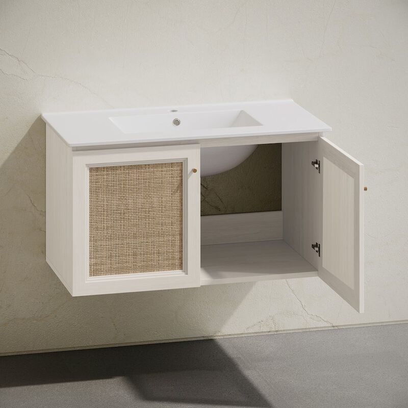 36" Wall-Mounted Bathroom Vanity in White Oak with Single Faucet Hole Vanity Top image number 5