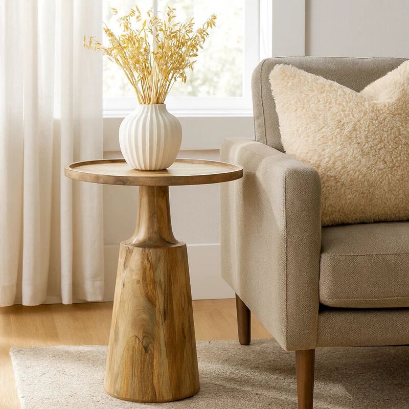 Coch 24 Inch Artisan Accent Table with Round Tabletop, Tapered Base, Brown image number 7