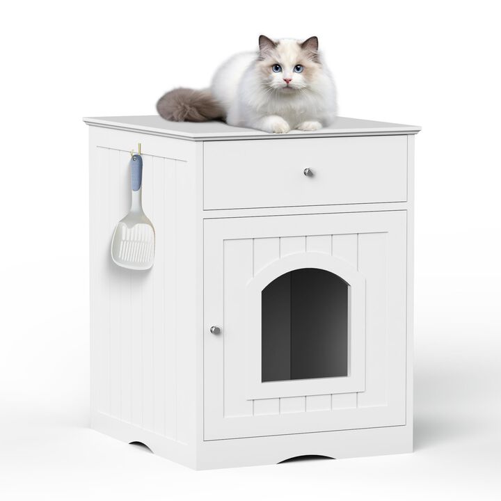 Wooden Cat Litter Box Enclosure with Drawer and Side Table Design