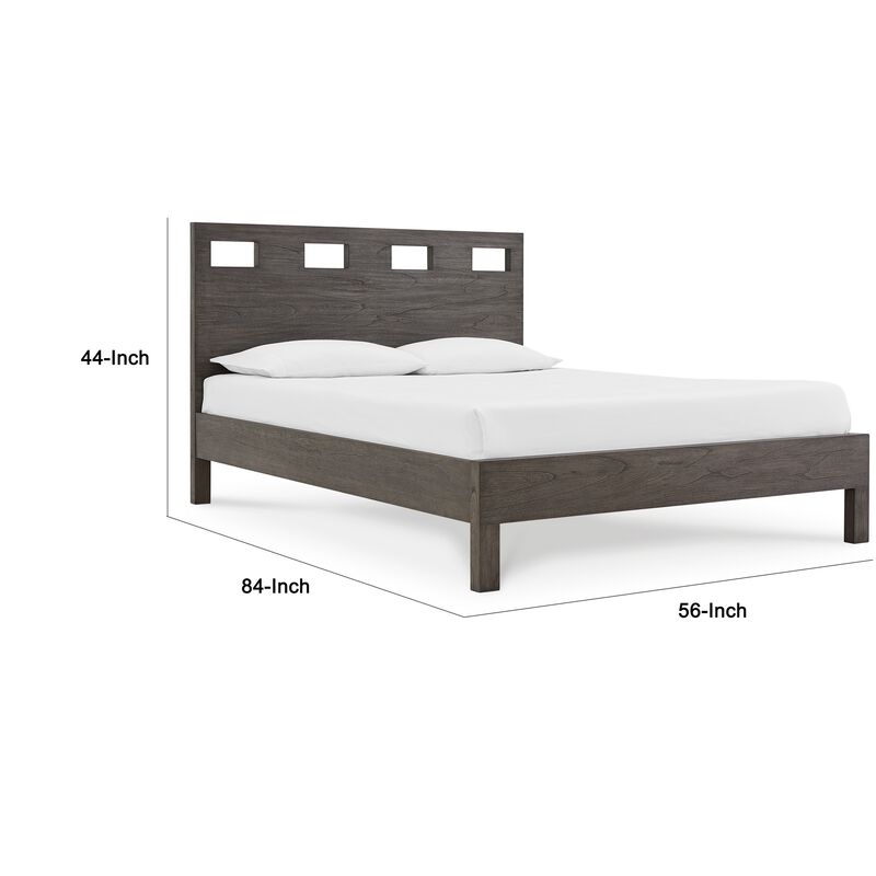 Yee Queen Bed, Gray Wood, 4 Side Drawers, Cut Out Headboard Design - Benzara