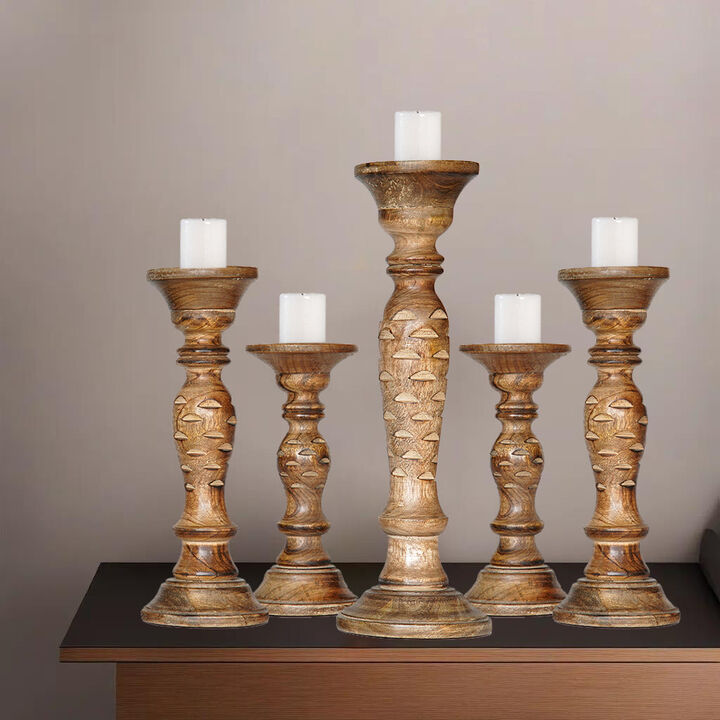 Traditional Medium Burnt Eco-friendly Handmade Mango Wood Set Of Five 9",12",15",12" & 9" Pillar Candle Holder BBH Homes