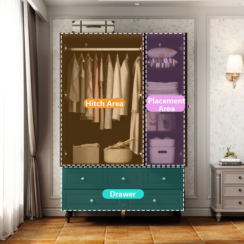 Black Paint 47.2 in. W Big Wardrobe Armoires W/Mirror, Hanging Rod, Drawers, Adjustable Shelves 70.9 in. H x 20 in. D