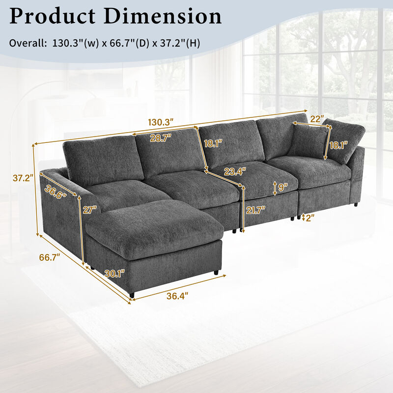Merax Chenille Sectional Sofa with Detachable Ottoman, High-Density Foam & Pocket Springs image number 4