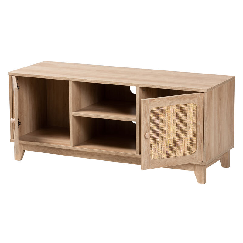 Baxton Studio Elsbeth  Light Brown Finished Wood and Natural Rattan 2 Door TV Stand image number 2