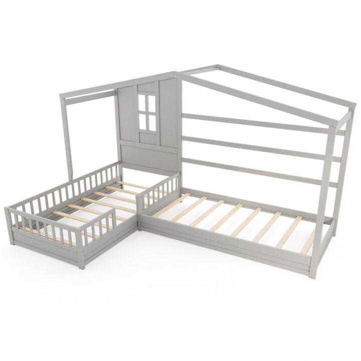 Hivvago L-shaped Double Twin Beds House Platform Beds with Fences Corner Bed Frame