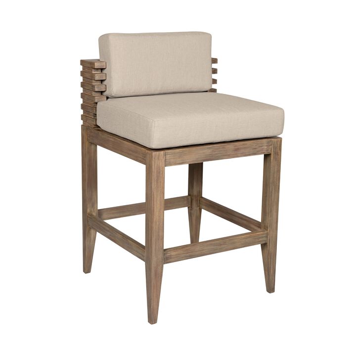 Hida 30 Inch Outdoor Patio Barstool Chair, Taupe, Olefin Cushions, Wood - Benzara