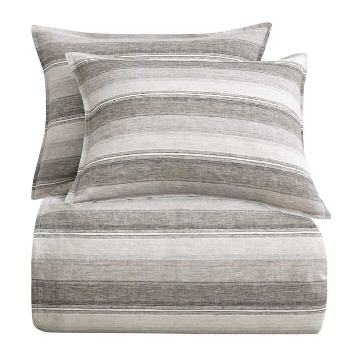 French Flax Linen King Variegated Stripe Duvet Cover Set in Charcoal