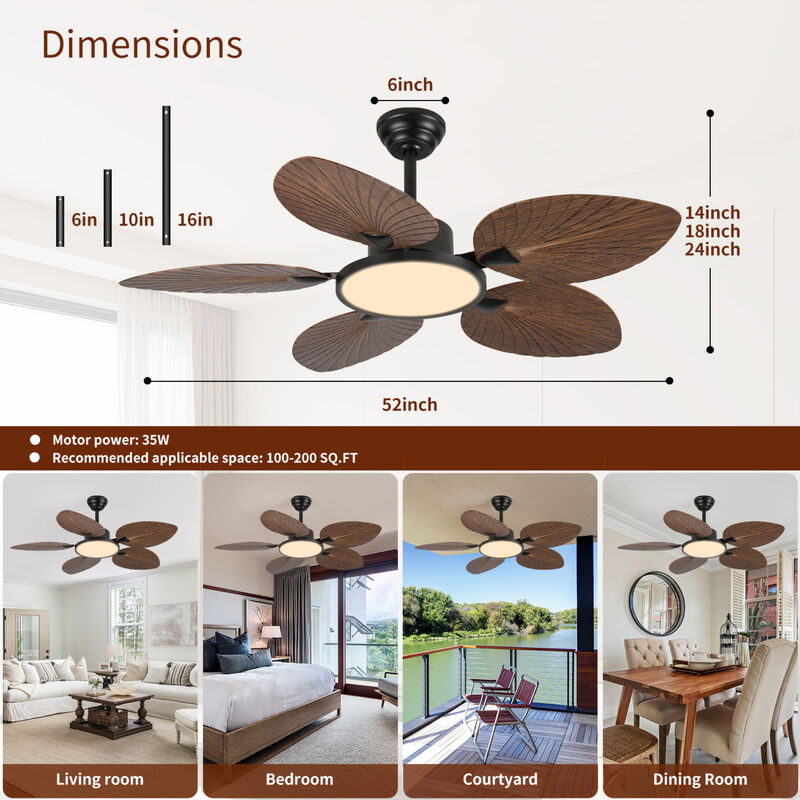 ELEMENT ACE Tropical Palm Leaf Ceiling Fan with Adjustable Lighting and Silent DC Motor - Indoor Outdoor Use image number 2