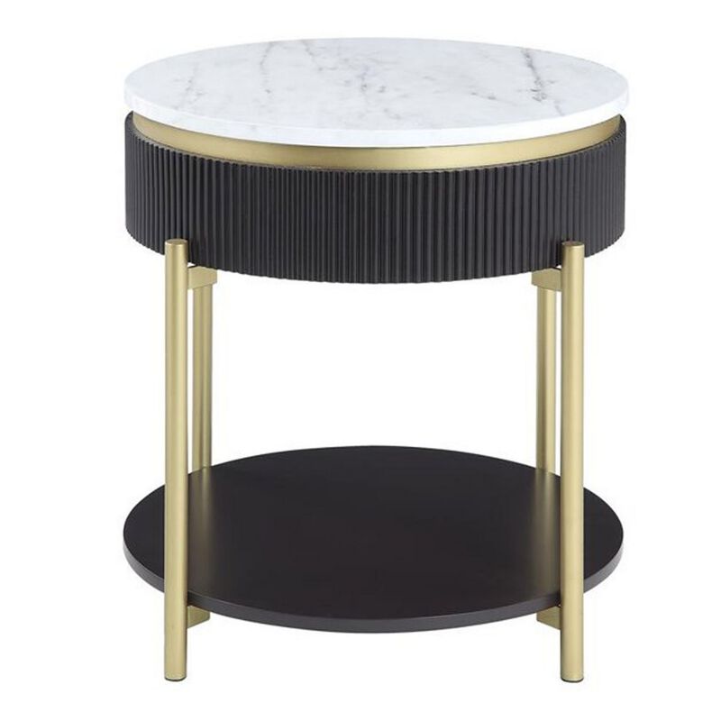 Ville 23 Inch Round Side End Table, White Faux Marble Top Brown Reeded Edge - Benzara