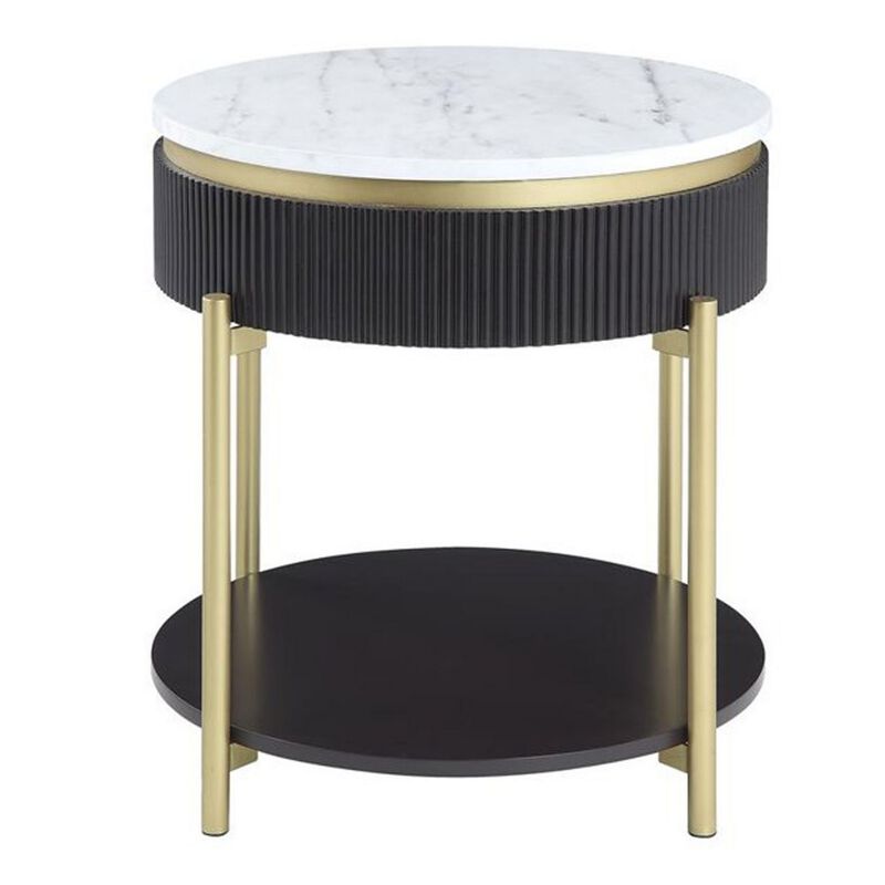 Ville 23 Inch Round Side End Table, White Faux Marble Top Brown Reeded Edge