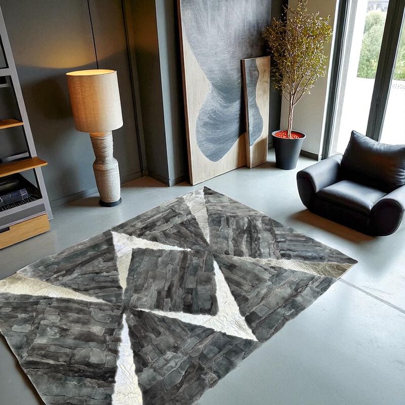 Modern Geometric Rex Rabbit Fur Area Rug in Grey and White, Soft Shaggy Rectangular Carpet, Luxury Hair Fur Living Room Rug, Custom Handmade image number 1
