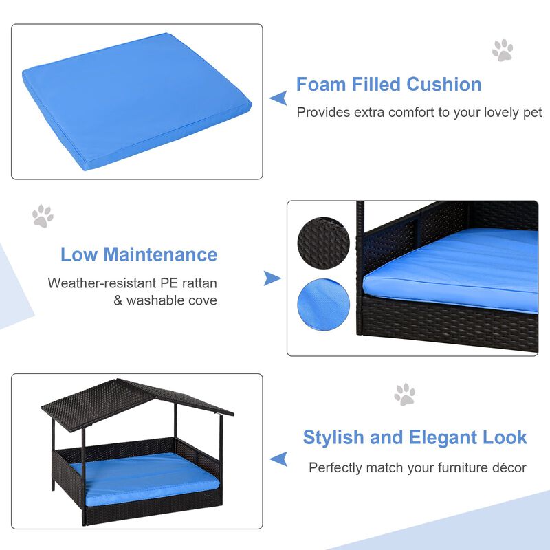 Blue Pet Lounger: Elevated Wicker Dog House with Removable Cushion