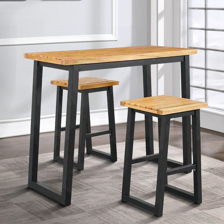 3 Piece Counter Height Table Set with Metal Sled Base, Black and Brown-Benzara