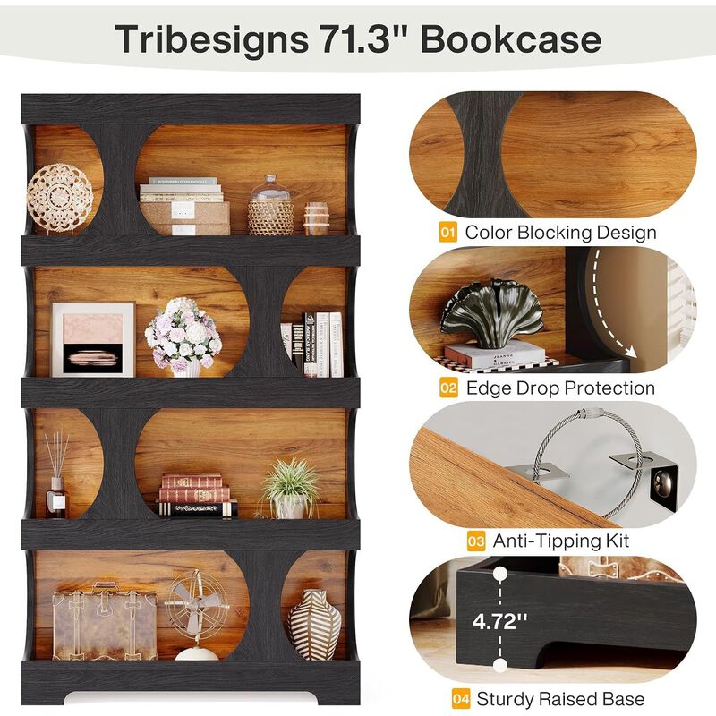 Tribesigns 71" Bookshelf, 4-Tier S-Shaped Bookcase image number 3