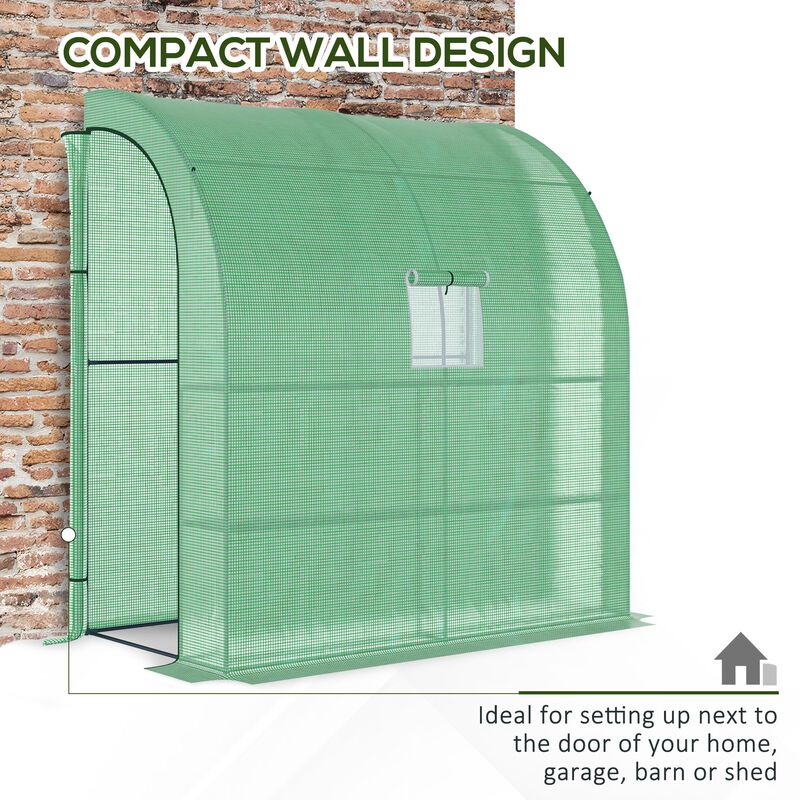 Outsunny 7' x 3' x 7' Lean to Greenhouse, Walk-In Green House, Plant Nursery with 2 Roll-up Doors and Windows, PE Cover and 3 Wire Shelves, Green