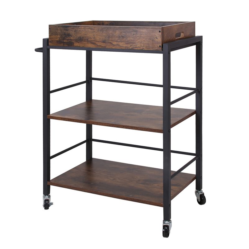 Tray Top Wooden Kitchen Cart with 2 Shelves and Casters, Brown and Black-Benzara image number 1