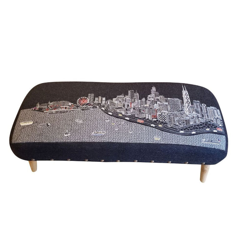38" Black Chicago Nighttime Skyline Embroidered Ottoman