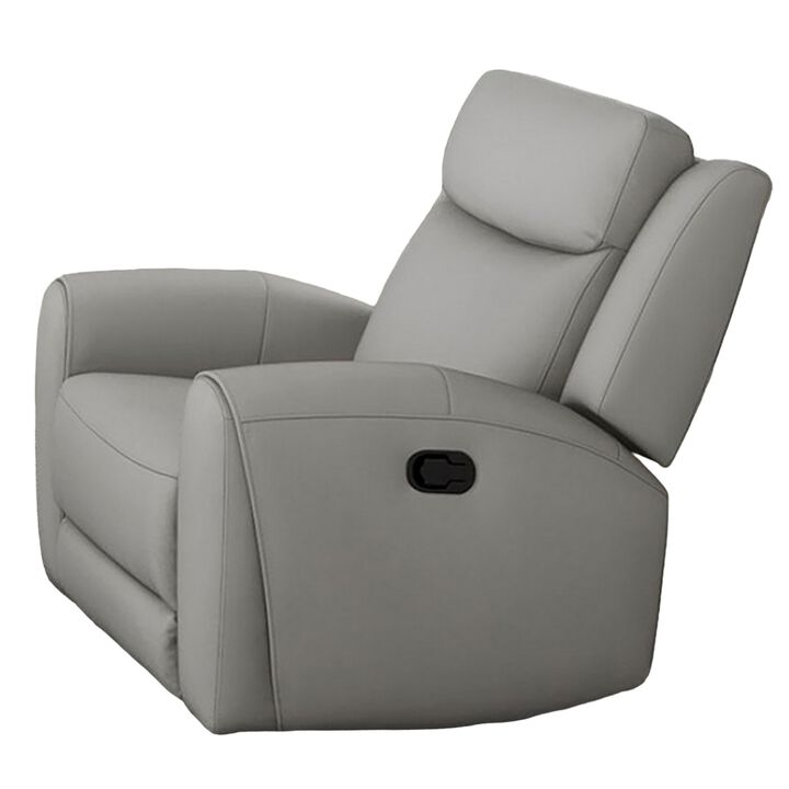Cobe Manual Recliner Chair, Solid Wood and Soft Top Grain Gray Leather - Benzara