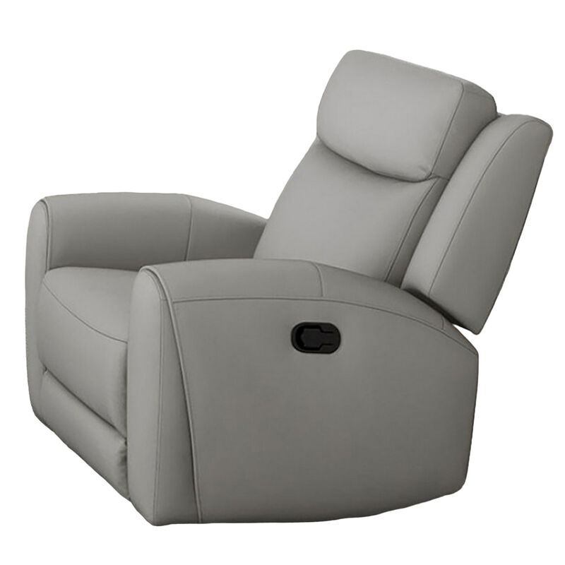 Cobe Manual Recliner Chair, Solid Wood and Soft Top Grain Gray Leather - Benzara