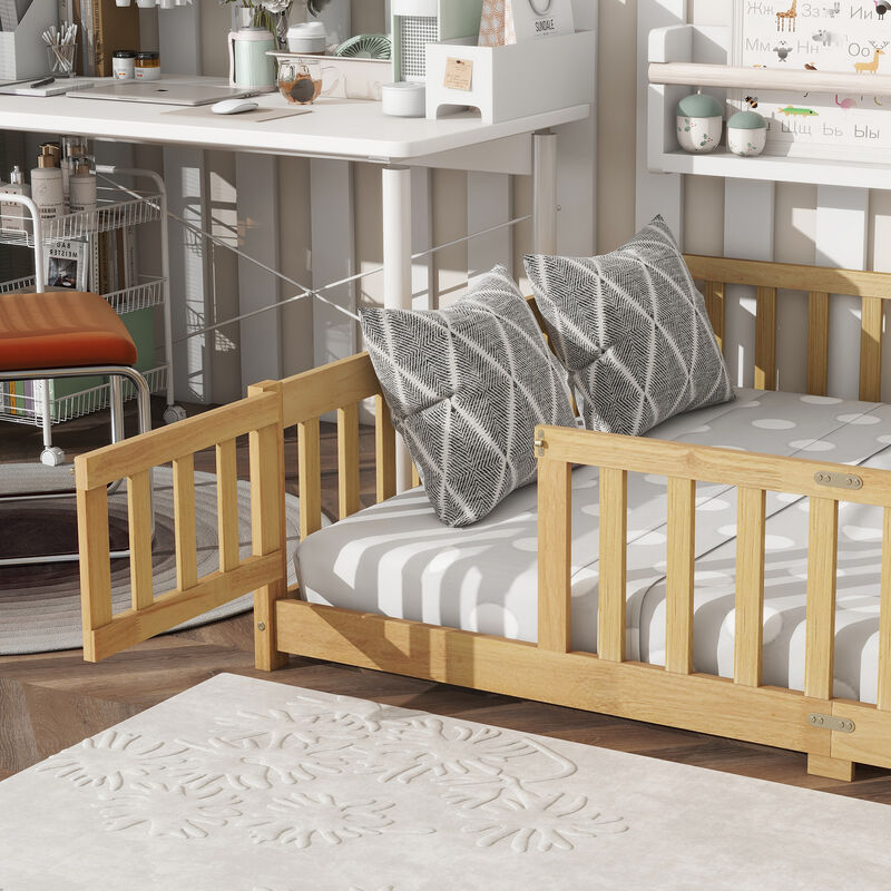 Whisen Full-Size Floor Bed with Safety Enclosure and Door, Rubber Wood Frame with Guardrail Fence image number 5